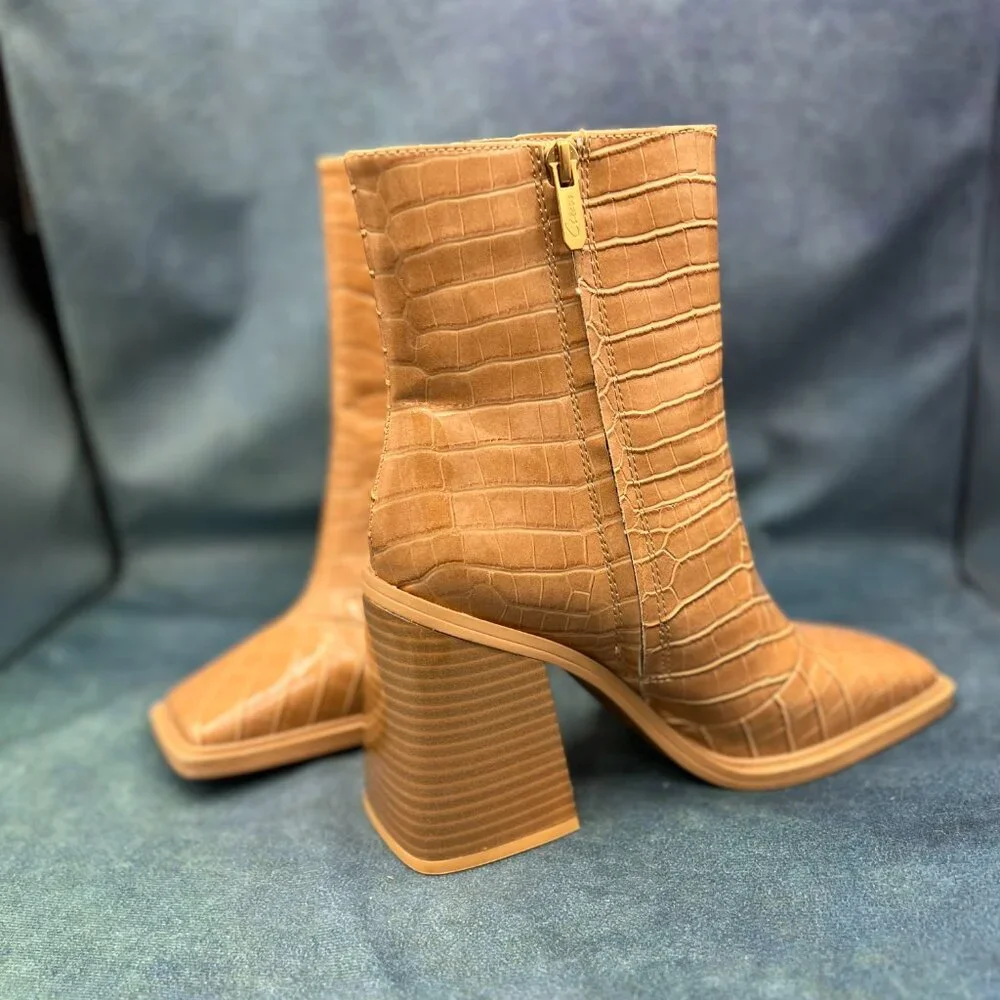 Circus by Sam Edelman Layla Caramel Brown Crocodile Embossed Boots - Picture 3 of 8